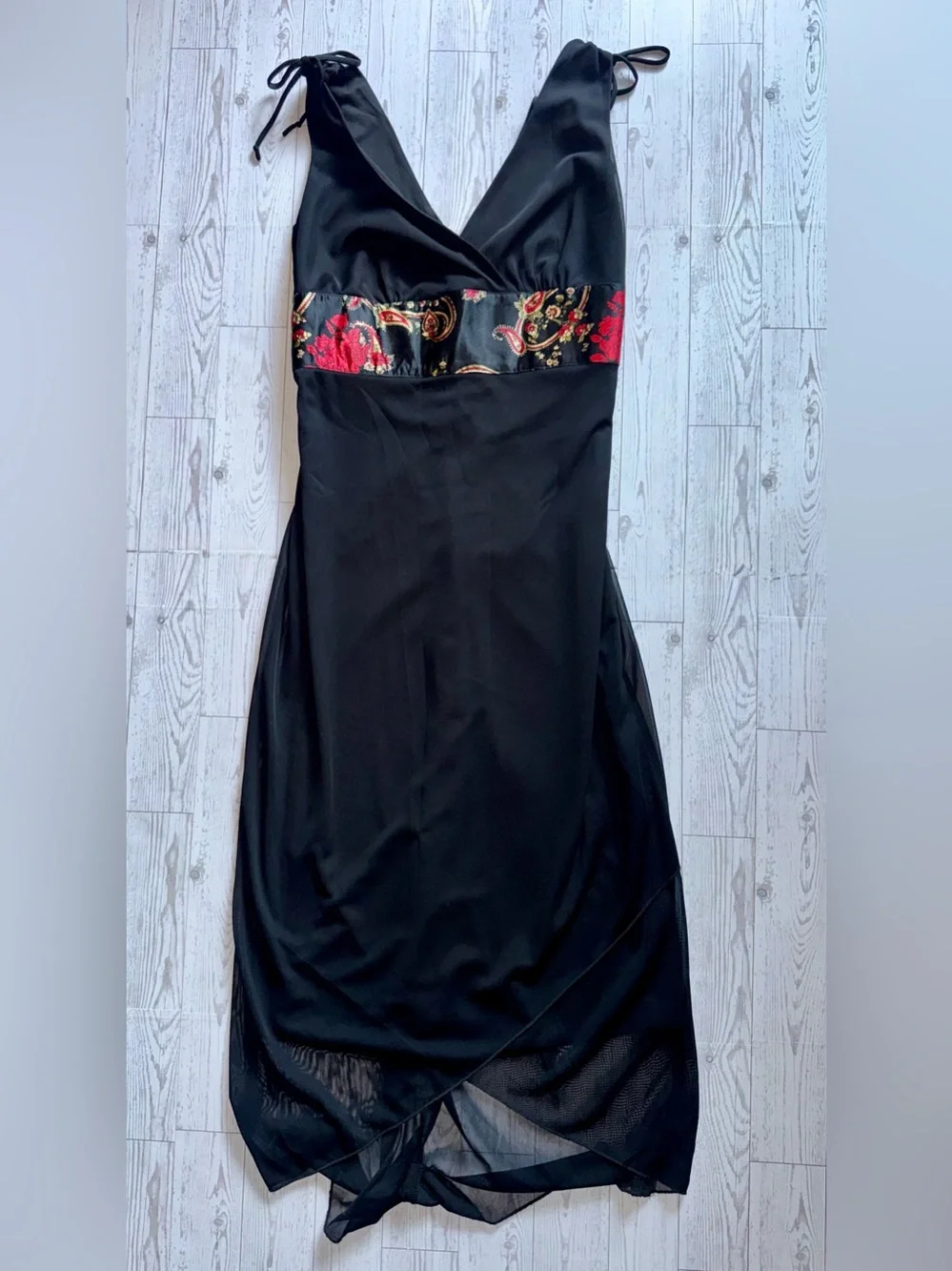 Black High-Low Dress w/ Floral & Black Sash, Conched Shoulder Ties - Size Medium - Picture 3 of 11